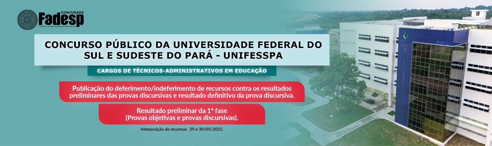 Leia mais sobre o artigo RESULTADO DEFINITIVO DA PROVA DISCURSIVA DO CONCURSO PÚBLICO DA UNIVERSIDADE FEDERAL DO SUL E SUDESTE DO PARÁ – TAE/UNIFESSPA (EDITAL N° 001/2025)