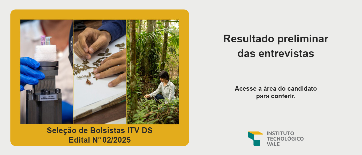 Leia mais sobre o artigo RESULTADO PRELIMINAR DAS ENTREVISTAS DA SELEÇÃO DE BOLSISTAS DO INSTITUTO TECNOLÓGICO VALE DESENVOLVIMENTO SUSTENTÁVEL (EDITAL Nº 02/2025 – ITV/DS)